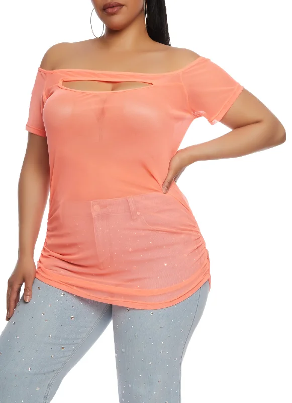 Plus Size Mesh Keyhole Off the Shoulder Top