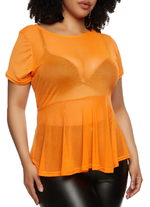 Plus Size Sheer Mesh Short Sleeve Peplum Top