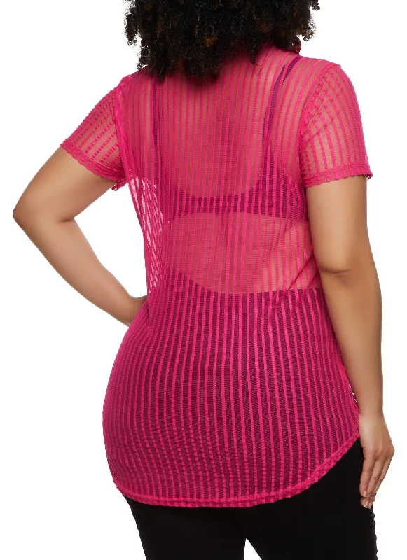 Plus Size Shadow Stripe Mesh Tunic Tee