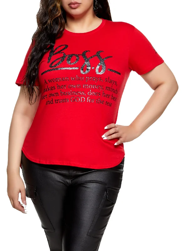 Plus Size Boss Glitter High Low Graphic T Shirt