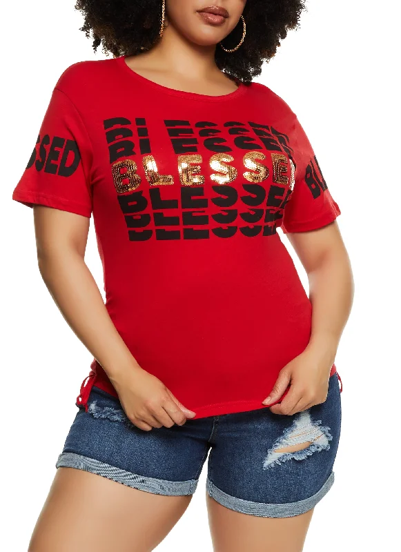 Plus Size Sequin Blessed Graphic T Shirt