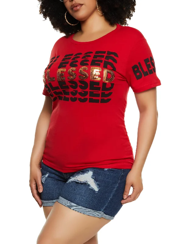 Plus Size Sequin Blessed Graphic T Shirt