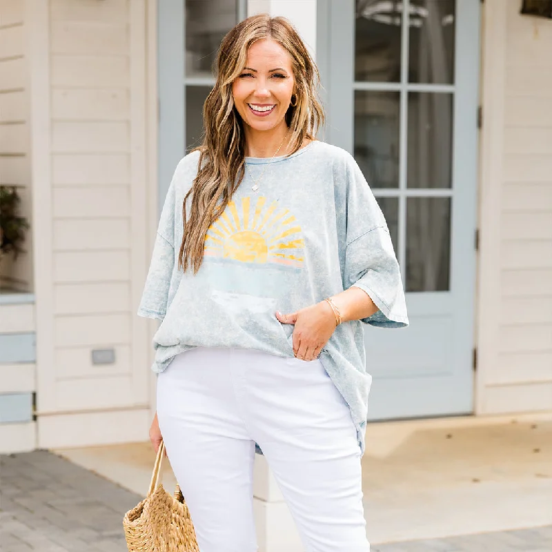 Stop And Watch The Sunset Acid Wash Boyfriend Tee, Ice Blue