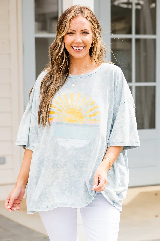 Stop And Watch The Sunset Acid Wash Boyfriend Tee, Ice Blue