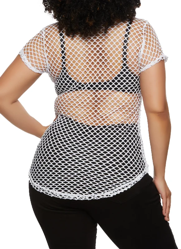 Plus Size Fishnet Crew Neck Top