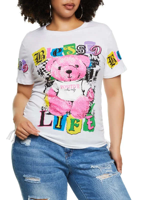 Plus Size Rhinestone Blessed Life Bear Laser Cut Graphic Tee