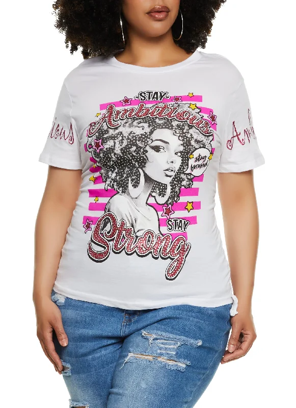 Plus Size Slashed Back Rhinestone Graphic T Shirt