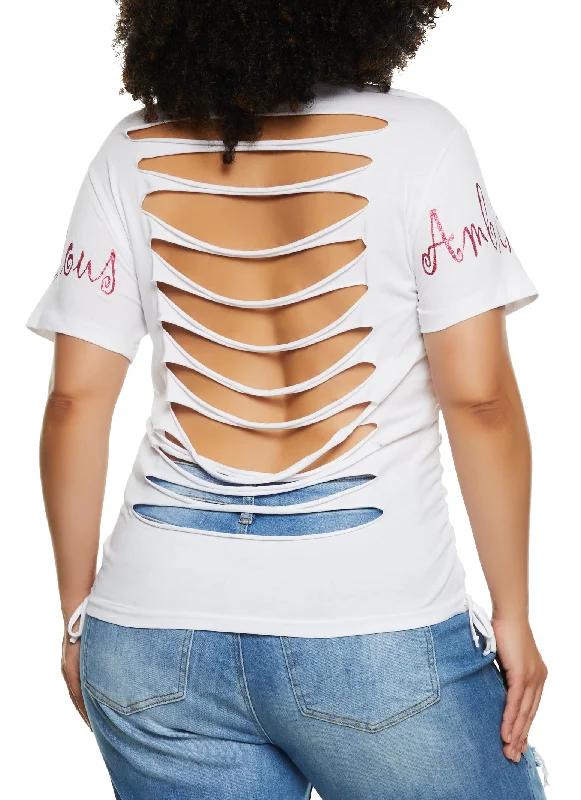 Plus Size Slashed Back Rhinestone Graphic T Shirt