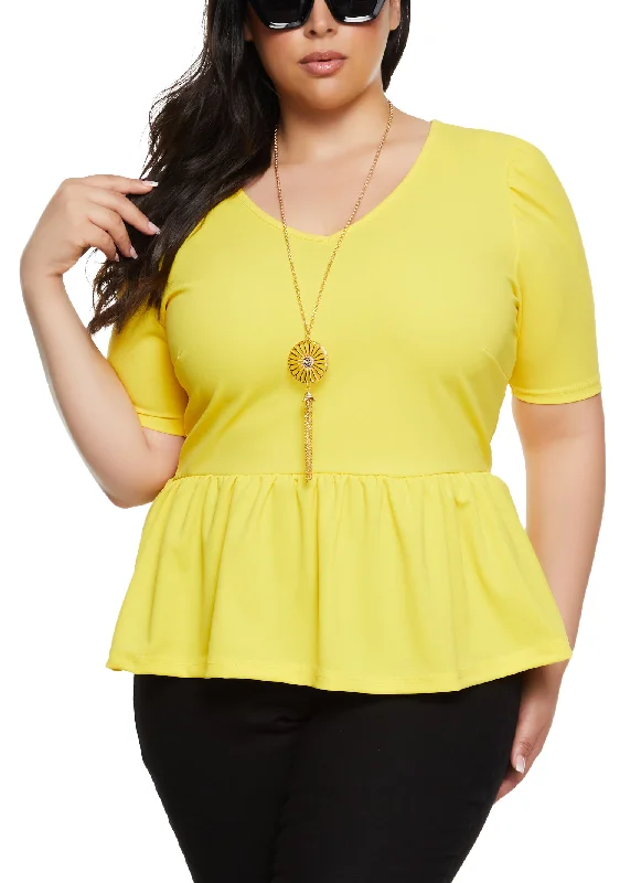 Plus Size Puff Sleeve Peplum Blouse with Necklace