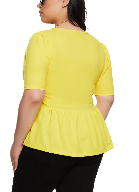 Plus Size Puff Sleeve Peplum Blouse with Necklace