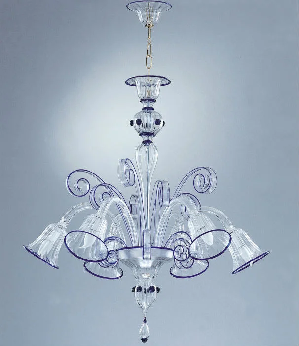 Chandeliers with Frosted Glass for a Softer Light Diffusion6 Light Murano Chandelier With Blue Trim