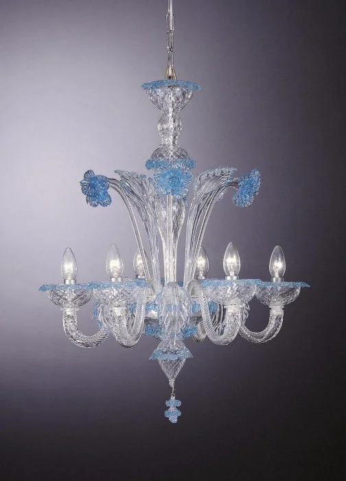 Victorian - Inspired Chandeliers with Ornate DetailsAquamarine & Clear Murano Glass Floral Chandelier With 6 Lights Victorian - Inspired Chandeliers with Ornate DetailsAquamarine & Clear Murano Glass Floral Chandelier With 6 Lights
