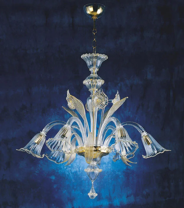 Chandeliers with Colored Glass for a Splash of ColorClear Glass Murano Chandelier With 6 Flower Lights & Gold Trim Chandeliers with Colored Glass for a Splash of ColorClear Glass Murano Chandelier With 6 Flower Lights & Gold Trim