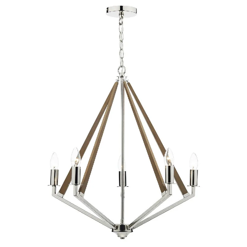 Chandeliers with Colored Glass for a Splash of ColorSavoy Polished Nickel and Wood 5 Arm Pendant - ID 5370
