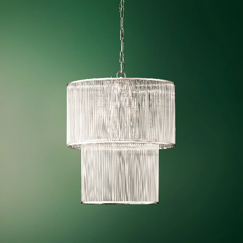 Incandescent Chandeliers for a Warm and Traditional GlowLoki two tiered chandelier in nickel with glass rods Incandescent Chandeliers for a Warm and Traditional GlowLoki two tiered chandelier in nickel with glass rods