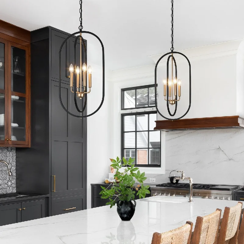 Chandeliers with Adjustable Height for Custom InstallationModern 4-Light Black Gold Metal Chandelier Geometric Candle Pendant Light for Dining Room - 14.5" L x 11" W x 29.5" H Chandeliers with Adjustable Height for Custom InstallationModern 4-Light Black Gold Metal Chandelier Geometric Candle Pendant Light for Dining Room - 14.5" L x 11" W x 29.5" H