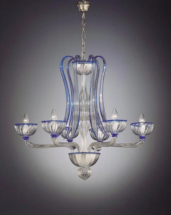 Chandeliers with Colored Glass for a Splash of ColorMurano 6 Light Clear Glass Chandelier With Blue Trim
