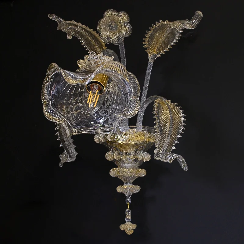 Chandeliers with Candle - Style Bulbs for a Classic AestheticMurano Glass Wall Chandelier With Floral Decoration | Clear & 24k Gold Leaf Glass Chandeliers with Candle - Style Bulbs for a Classic AestheticMurano Glass Wall Chandelier With Floral Decoration | Clear & 24k Gold Leaf Glass