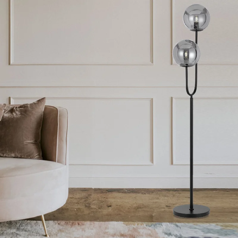 Industrial Style Floor Lamp with Exposed Bulbs for Loft ApartmentsEterna Floor Lamp 2Lt in Black/Smoke or Antique Gold/Opal Matt Industrial Style Floor Lamp with Exposed Bulbs for Loft ApartmentsEterna Floor Lamp 2Lt in Black/Smoke or Antique Gold/Opal Matt