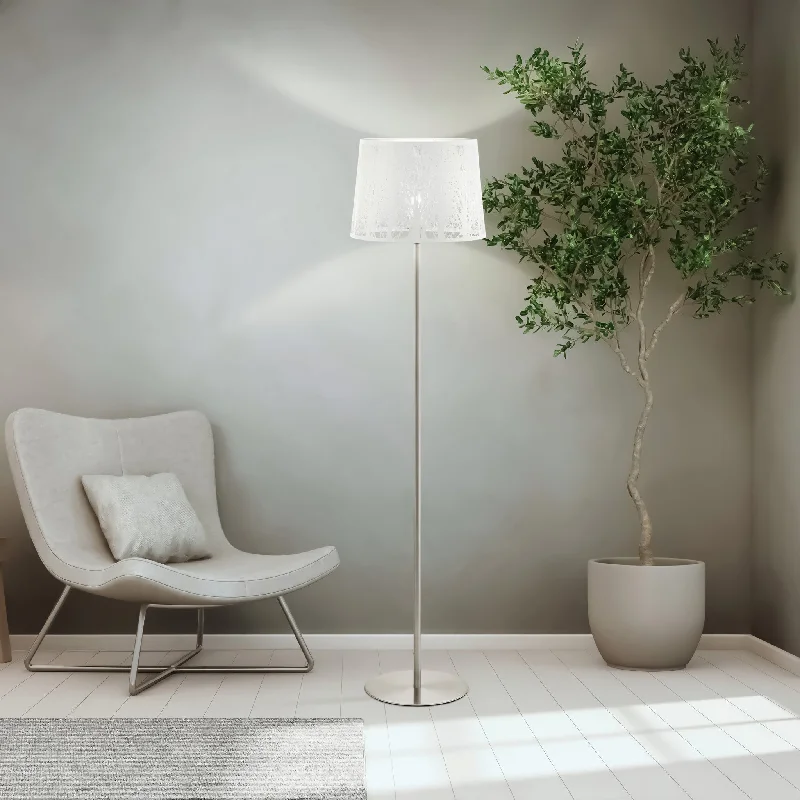 Bohemian Inspired Floor Lamp for Eclectic Home DecorHambleton Floor Lamp in Satin Nickel w/ White Shade Bohemian Inspired Floor Lamp for Eclectic Home DecorHambleton Floor Lamp in Satin Nickel w/ White Shade