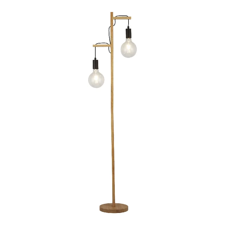 Modern Minimalist Floor Lamp for Contemporary Living RoomsSearchlight 95041-2BR Woody 2 Light Floor Lamp Natural Wood Black Metal