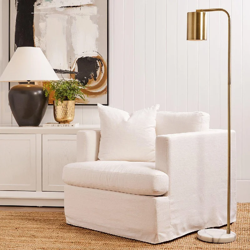 Fabric Floor Lamp with a Linen Shade for a Relaxed AestheticSnapper Floor Lamp in Brushed Brass / White Marble 12095 Fabric Floor Lamp with a Linen Shade for a Relaxed AestheticSnapper Floor Lamp in Brushed Brass / White Marble 12095