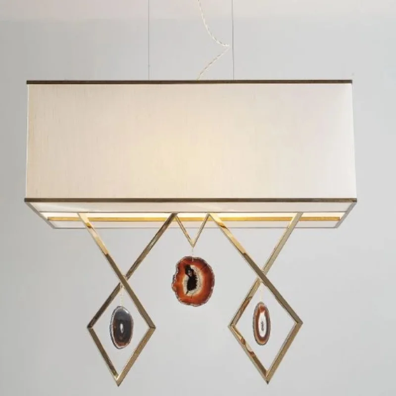 Mid - Century Modern Ceiling Lights with Simple, Sleek LinesBrass Structural Ceiling Pendant With Natural Agate Pendants And An Ivory Shade
