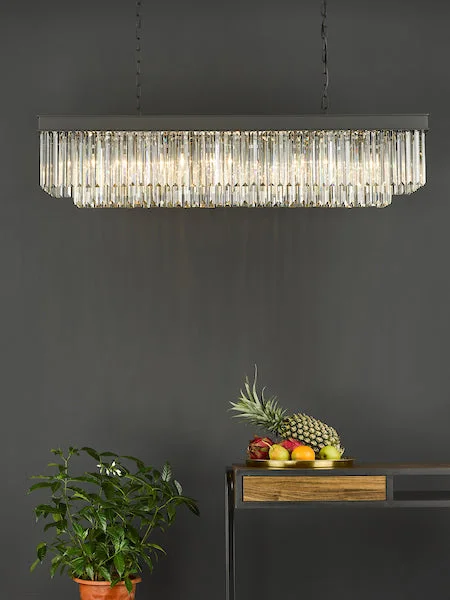Moroccan Ceiling Lights with Colorful Stained Glass and Geometric CarvingsDar Celeus 6 Light Bar Pendant Chandelier Anthracite & Crystal Moroccan Ceiling Lights with Colorful Stained Glass and Geometric CarvingsDar Celeus 6 Light Bar Pendant Chandelier Anthracite & Crystal