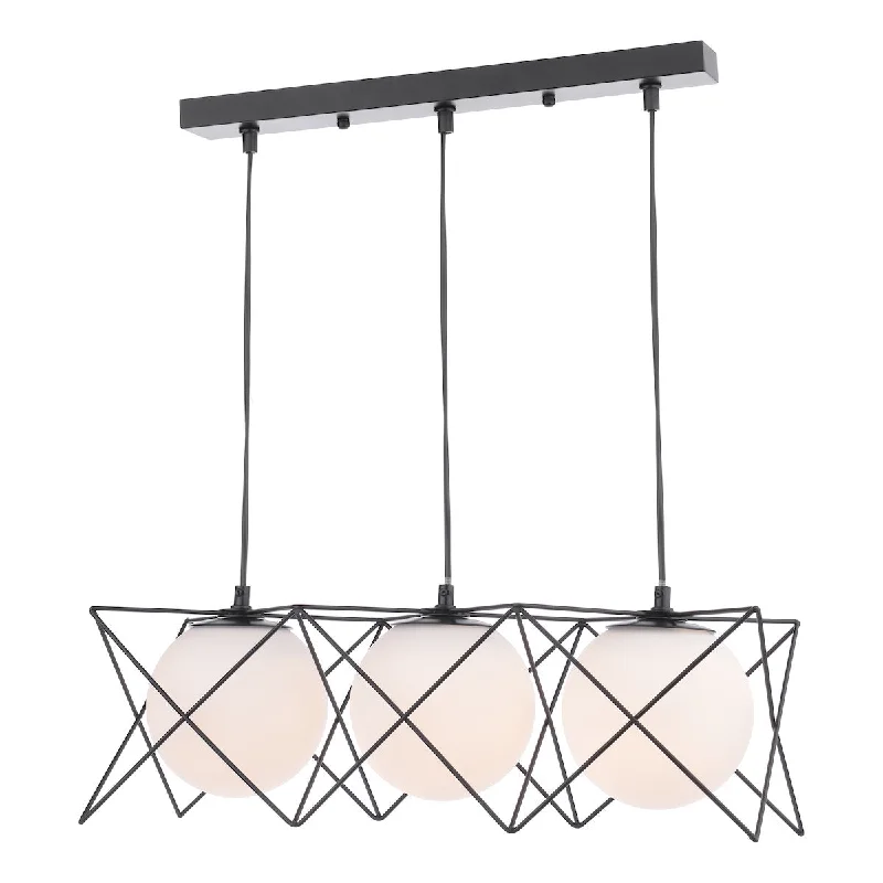 African - Inspired Ceiling Lights with Tribal Patterns and Natural MaterialsDar Dreyson 3 Light Bar Pendant Matt Black and Opal Glass African - Inspired Ceiling Lights with Tribal Patterns and Natural MaterialsDar Dreyson 3 Light Bar Pendant Matt Black and Opal Glass