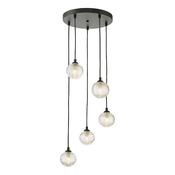Victorian - Inspired Ceiling Lights with Ornate Crystal ChandeliersDar Federico 5 Light Cluster Pendant Black Clear Ribbed Glass Victorian - Inspired Ceiling Lights with Ornate Crystal ChandeliersDar Federico 5 Light Cluster Pendant Black Clear Ribbed Glass