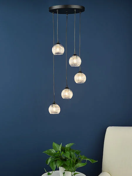 Mid - Century Modern Ceiling Lights with Simple, Sleek LinesDar Federico 5 Light Cluster Pendant Black Clear/Wire Glass Mid - Century Modern Ceiling Lights with Simple, Sleek LinesDar Federico 5 Light Cluster Pendant Black Clear/Wire Glass