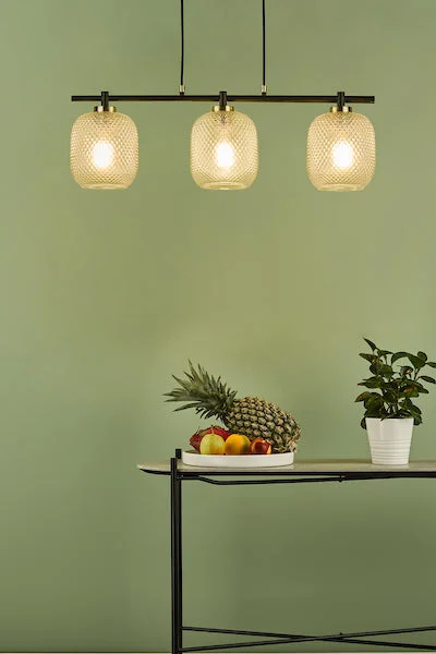 Retro Ceiling Lights Inspired by the 1950s and 1960s DesignDar Tehya 3 Light Bar Pendant Satin Brass & Black