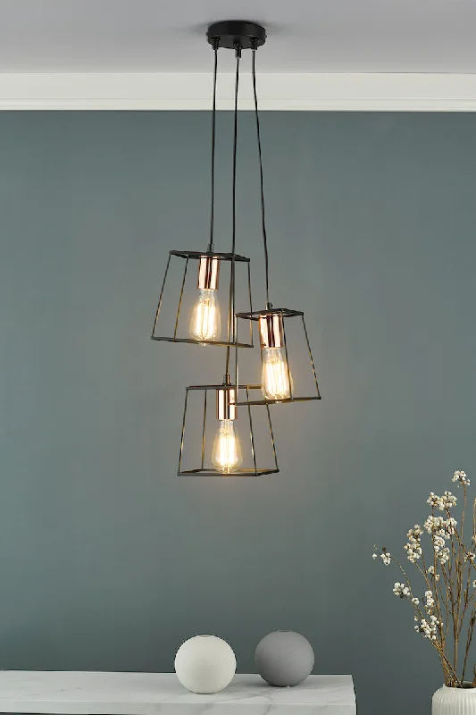 Japanese - Inspired Ceiling Lights with Shoji - Screen - like DiffusersDar Tower 3 Light Cluster Pendant Black and Copper Japanese - Inspired Ceiling Lights with Shoji - Screen - like DiffusersDar Tower 3 Light Cluster Pendant Black and Copper