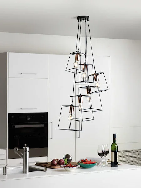 Contemporary Ceiling Lights with Unique, Abstract ShapesDar Tower 6 Light Cluster Pendant Black and Copper Contemporary Ceiling Lights with Unique, Abstract ShapesDar Tower 6 Light Cluster Pendant Black and Copper