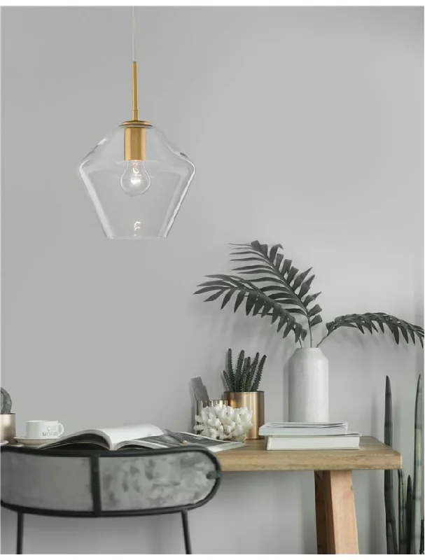 Tropical - Themed Ceiling Lights with Palm - Leaf Shapes and Rattan WrapsPRI Clear Glass & Gold Metal Single Pendant - ID 9999 Tropical - Themed Ceiling Lights with Palm - Leaf Shapes and Rattan WrapsPRI Clear Glass & Gold Metal Single Pendant - ID 9999