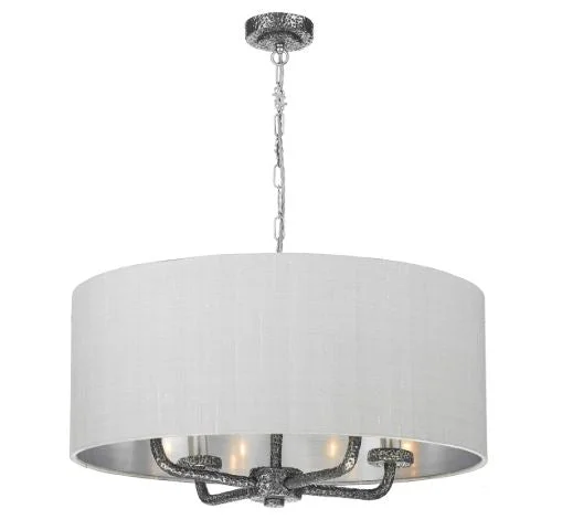 Gothic Ceiling Lights with Dark Metalwork and Pointed ArchesSloane 4 Light Pendant Pewter With Grey & Silver Shade (other shade colours available) - ID 10243 Gothic Ceiling Lights with Dark Metalwork and Pointed ArchesSloane 4 Light Pendant Pewter With Grey & Silver Shade (other shade colours available) - ID 10243