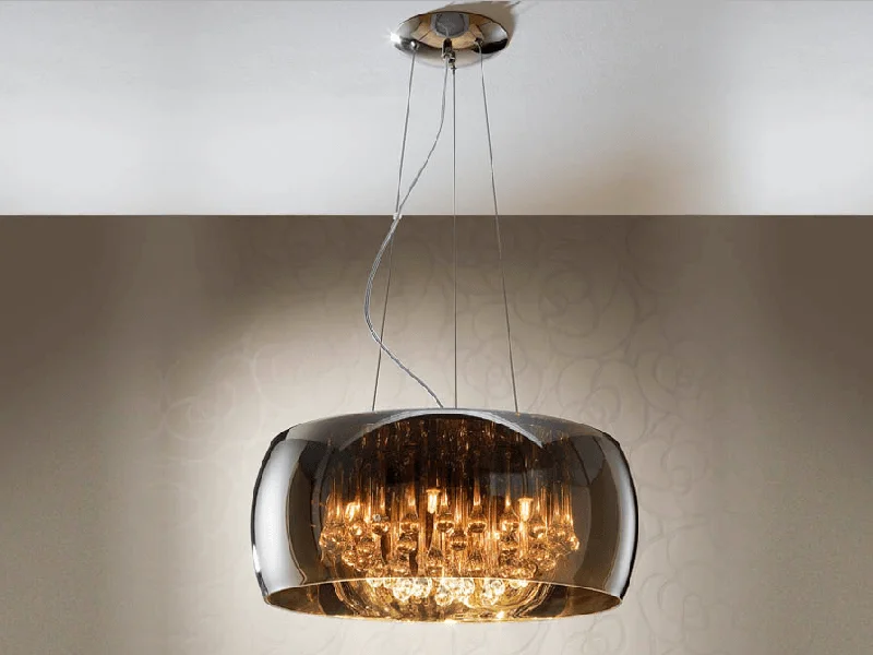 Moroccan Ceiling Lights with Colorful Stained Glass and Geometric CarvingsSmoked Glass & Chrome Large 6 Light Pendant With Crystal Drops - ID 8737 Moroccan Ceiling Lights with Colorful Stained Glass and Geometric CarvingsSmoked Glass & Chrome Large 6 Light Pendant With Crystal Drops - ID 8737