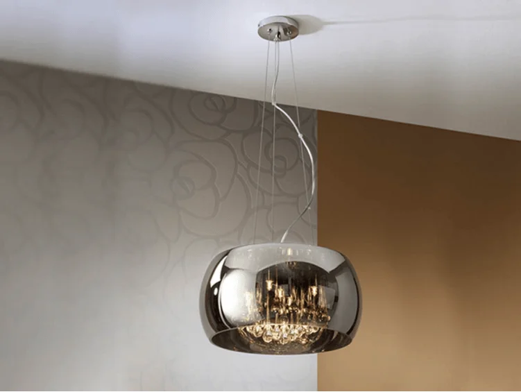 Industrial Style Ceiling Lights with Exposed Bulbs and Metal CagesSmoked Glass & Chrome Medium 5 Light Pendant With Crystal Drops - ID 8451 Industrial Style Ceiling Lights with Exposed Bulbs and Metal CagesSmoked Glass & Chrome Medium 5 Light Pendant With Crystal Drops - ID 8451